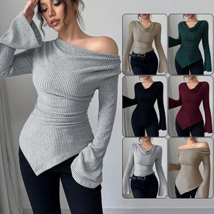 Off Shoulder Top - بلوزة نسائية بأكمام طويلة بلون واحد،