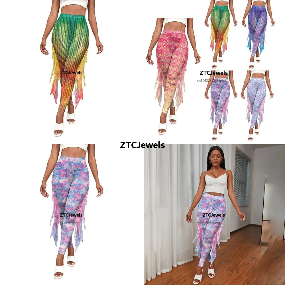 Women'S Fashion Leggings - بنطلون ليجنز مطبوع بتصميم حراشف حورية