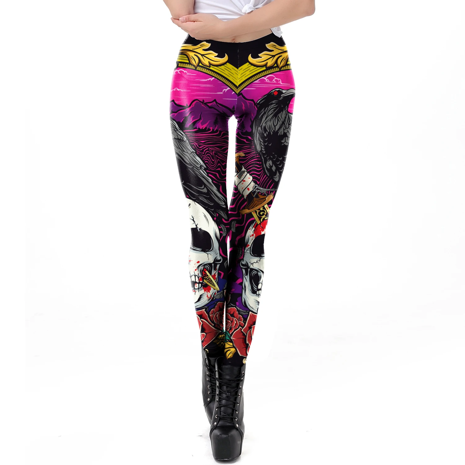 موضة الجمجمة روز طباعة طماق تأ - مراجعة Women'S Fashion Leggings وسعره